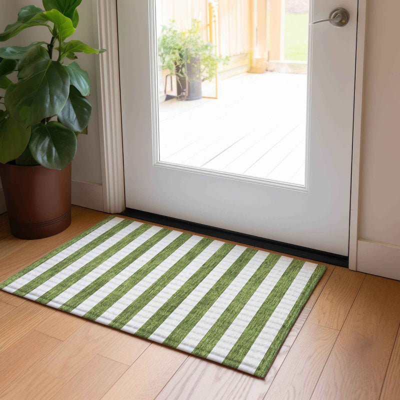 2' X 3' Olive Green Striped Washable Non Skid Indoor Outdoor Area Rug
