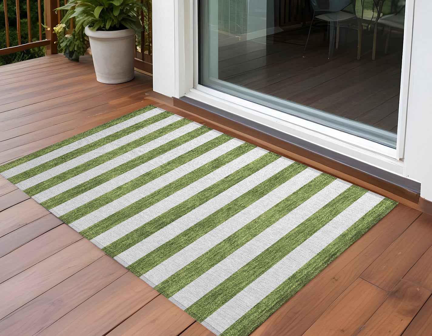 3' X 5' Olive Green Striped Washable Non Skid Indoor Outdoor Area Rug