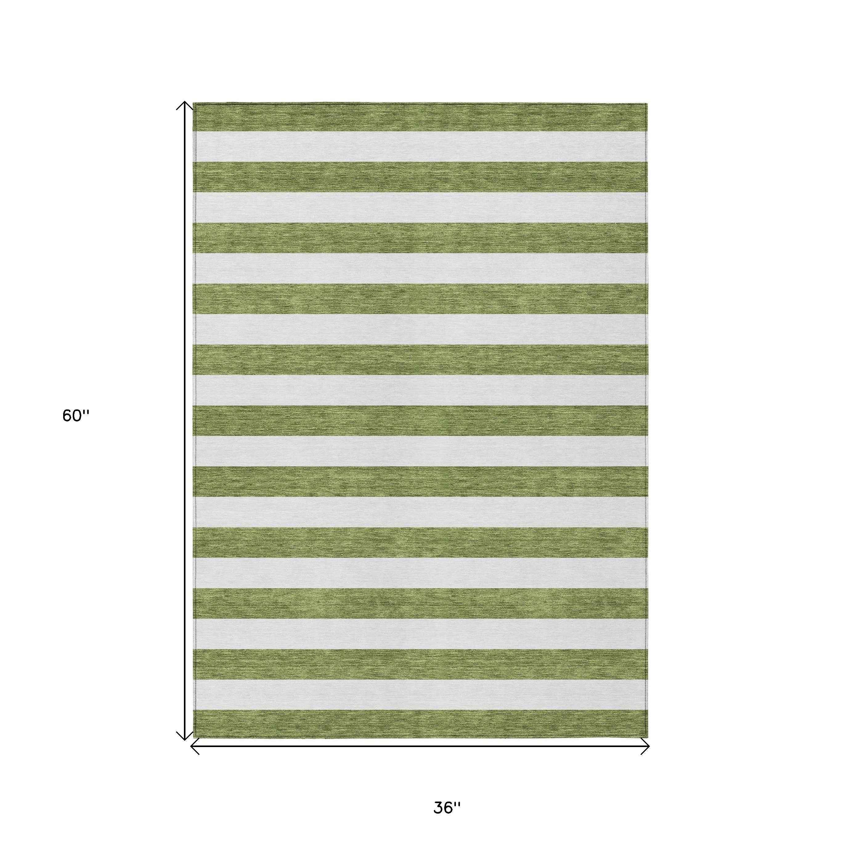 3' X 5' Olive Green Striped Washable Non Skid Indoor Outdoor Area Rug