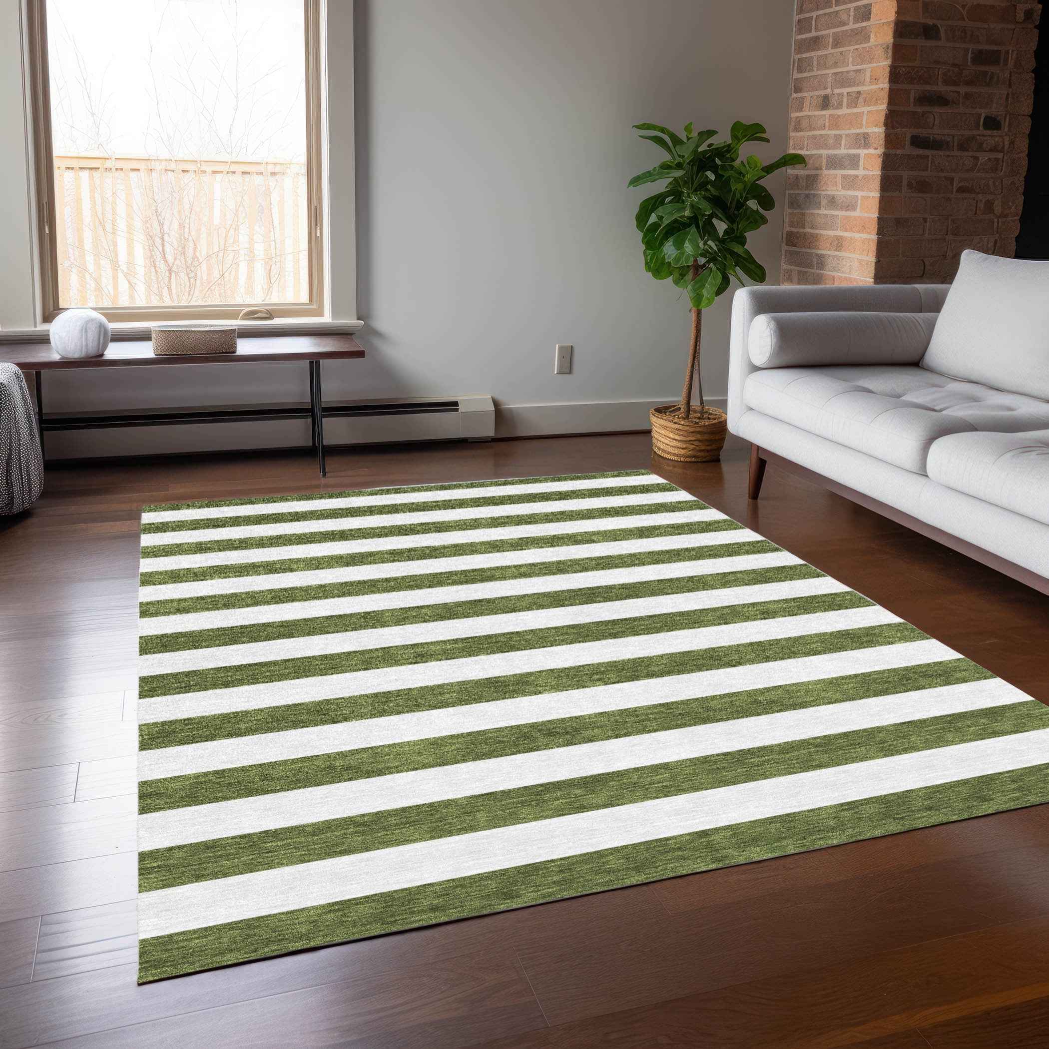 3' X 5' Olive Green Striped Washable Non Skid Indoor Outdoor Area Rug