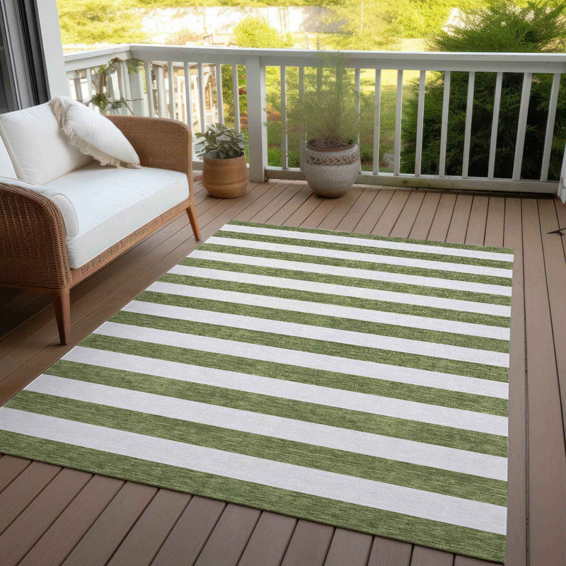3' X 5' Olive Green Striped Washable Non Skid Indoor Outdoor Area Rug
