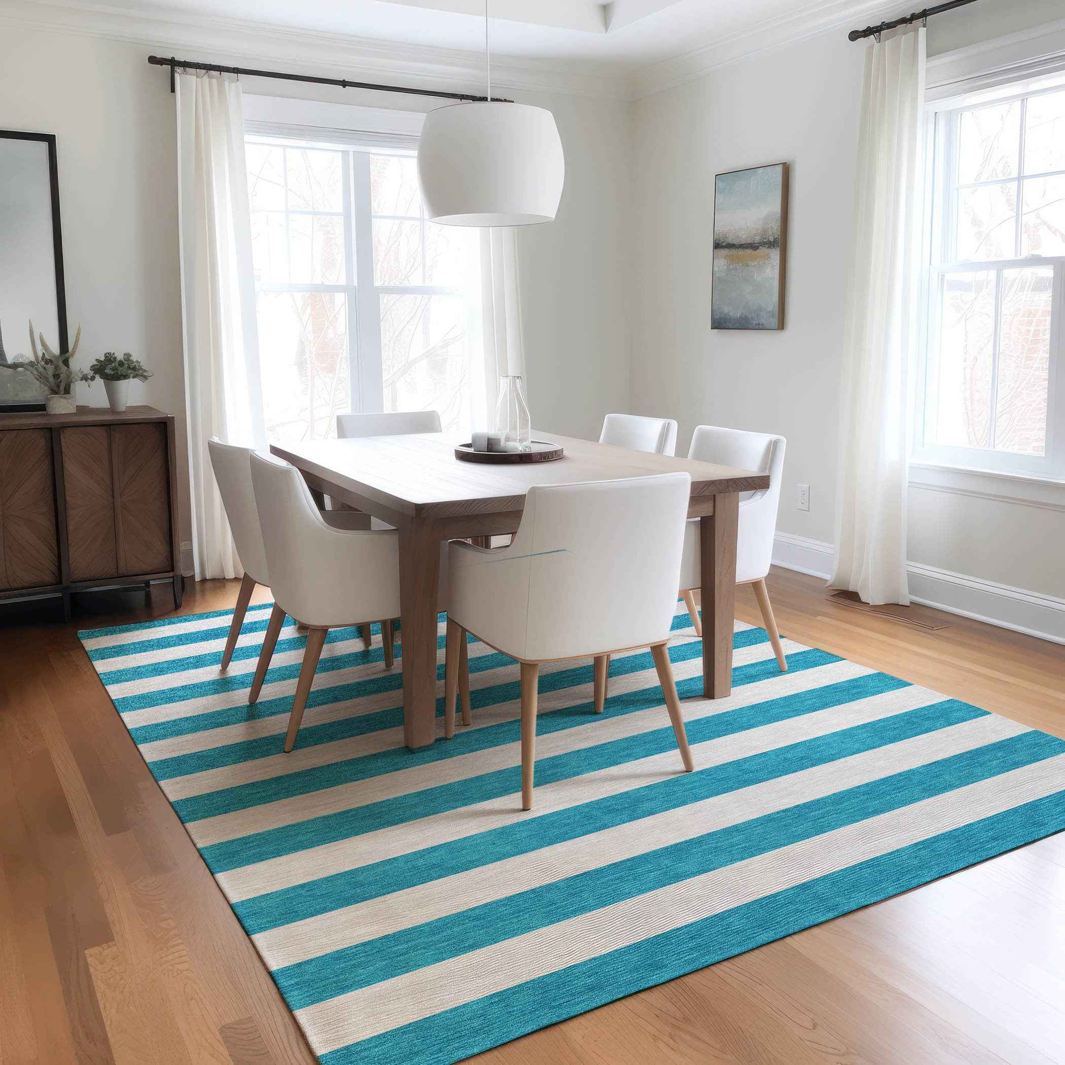 8' X 10' Teal and White Striped Washable Indoor Outdoor Area Rug