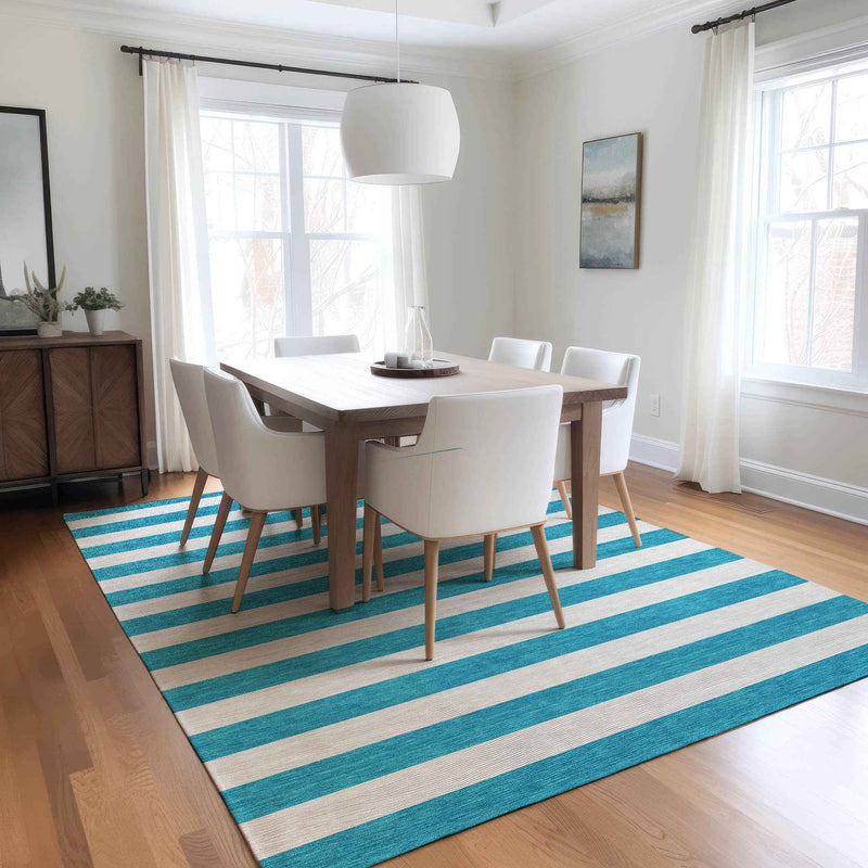 8' X 10' Teal and White Striped Washable Indoor Outdoor Area Rug