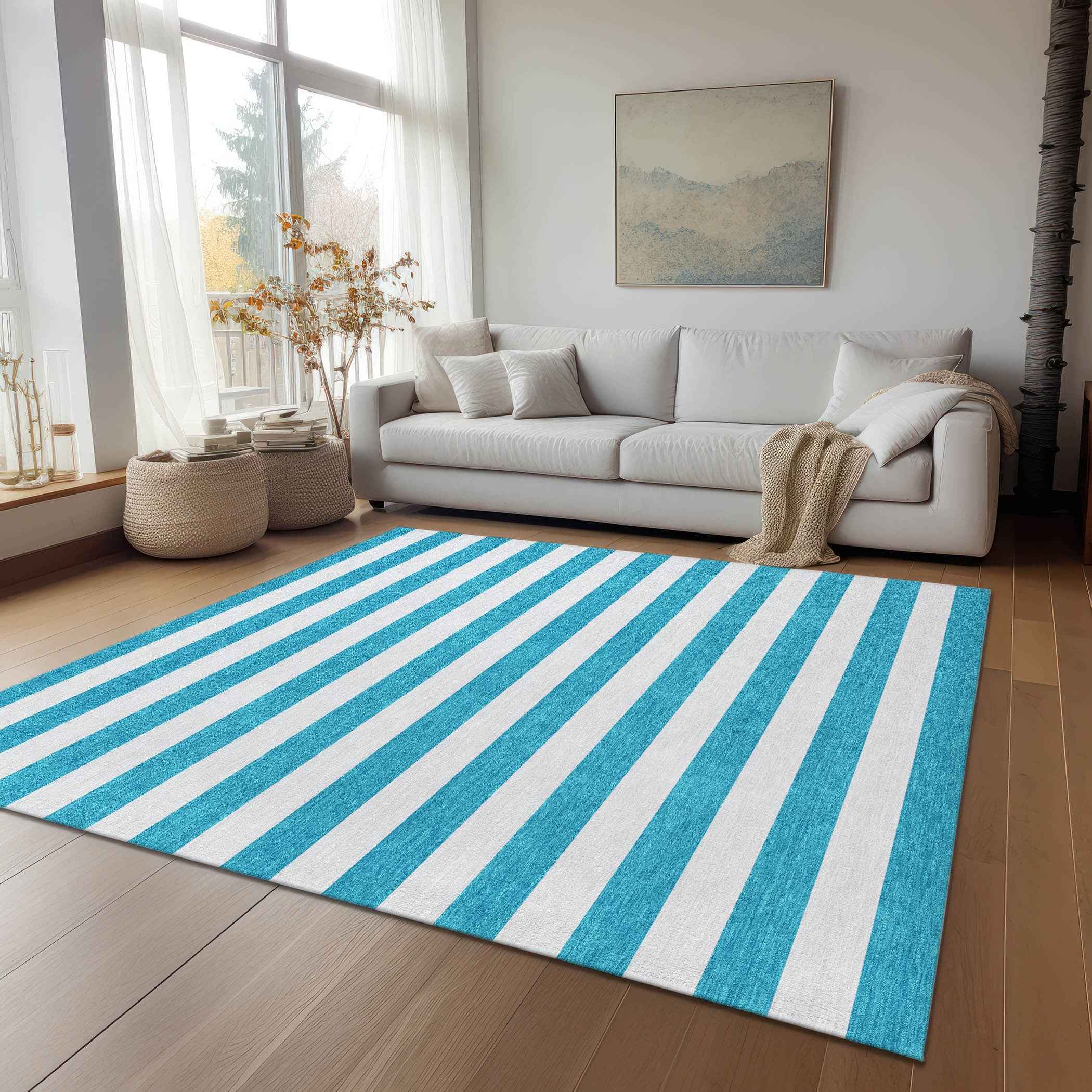 8' X 10' Teal and White Striped Washable Indoor Outdoor Area Rug