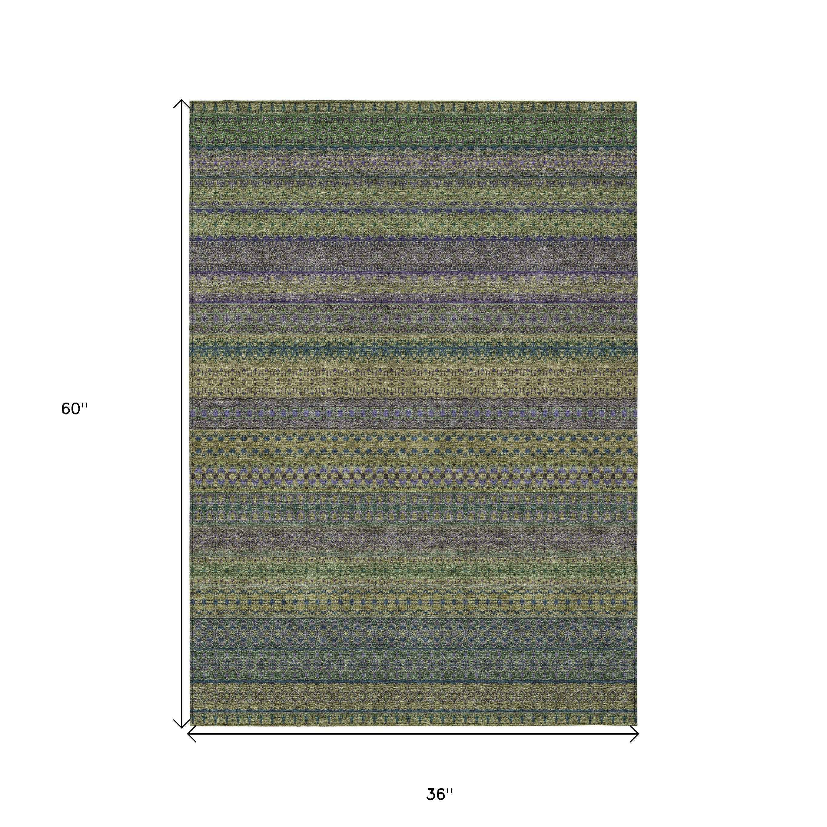 3' X 5' Olive Green Striped Washable Non Skid Indoor Outdoor Area Rug