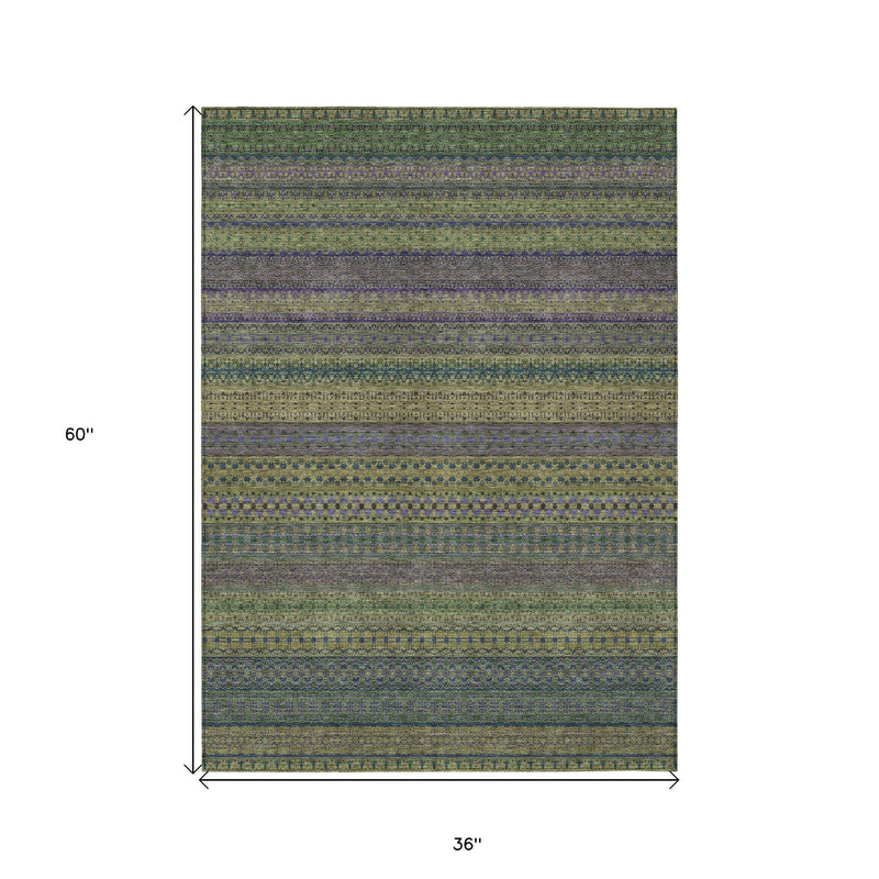 3' X 5' Olive Green Striped Washable Non Skid Indoor Outdoor Area Rug
