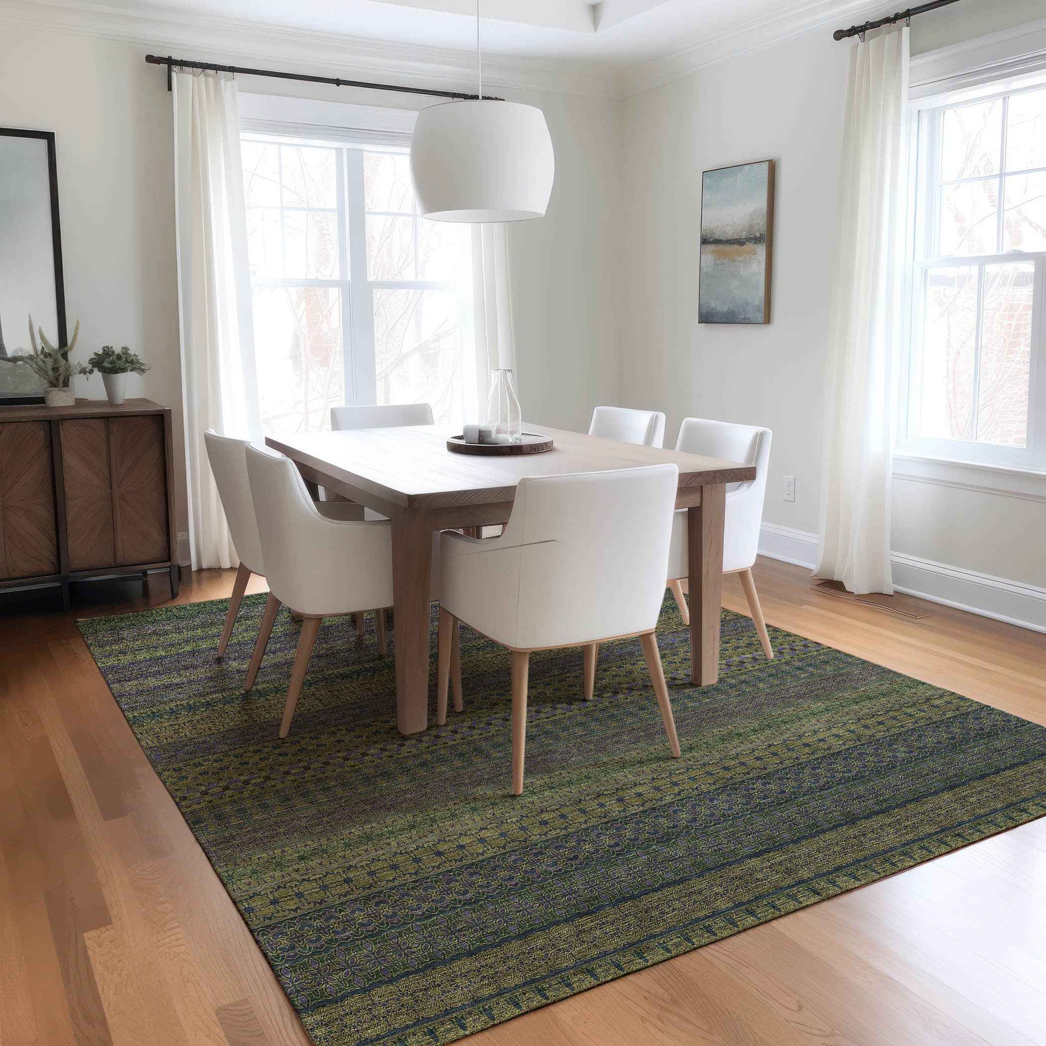 3' X 5' Olive Green Striped Washable Non Skid Indoor Outdoor Area Rug