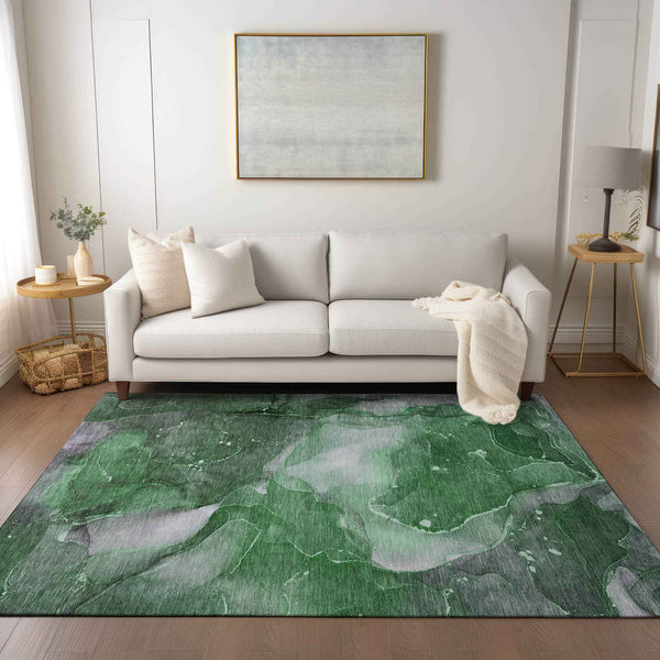 5' X 8' Emerald Abstract Washable Non Skid Indoor Outdoor Area Rug