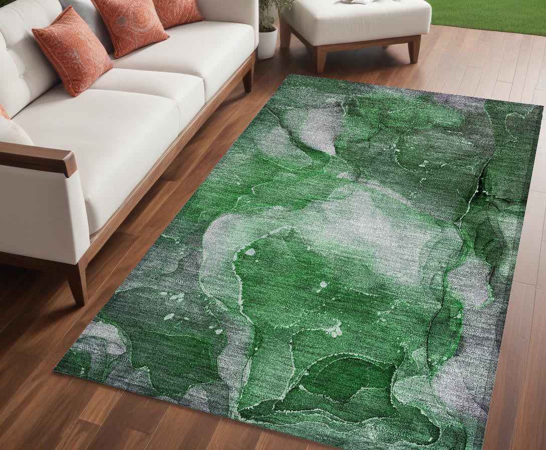 5' X 8' Emerald Abstract Washable Non Skid Indoor Outdoor Area Rug