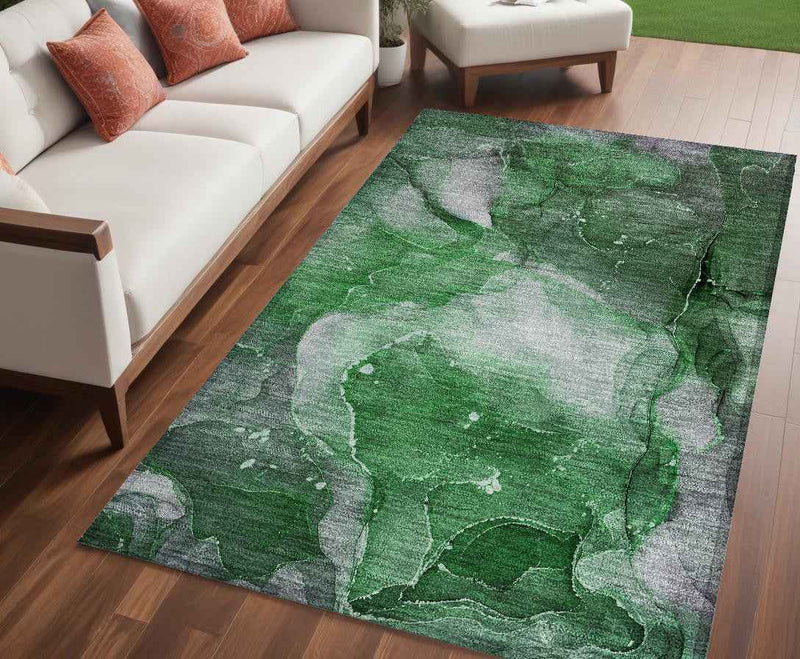 5' X 8' Emerald Abstract Washable Non Skid Indoor Outdoor Area Rug