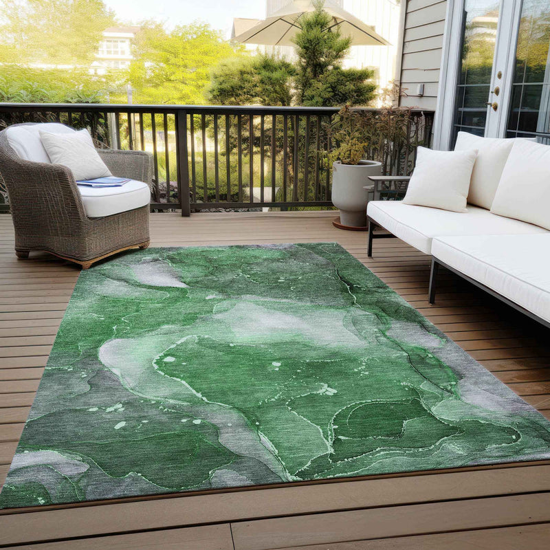 5' X 8' Emerald Abstract Washable Non Skid Indoor Outdoor Area Rug