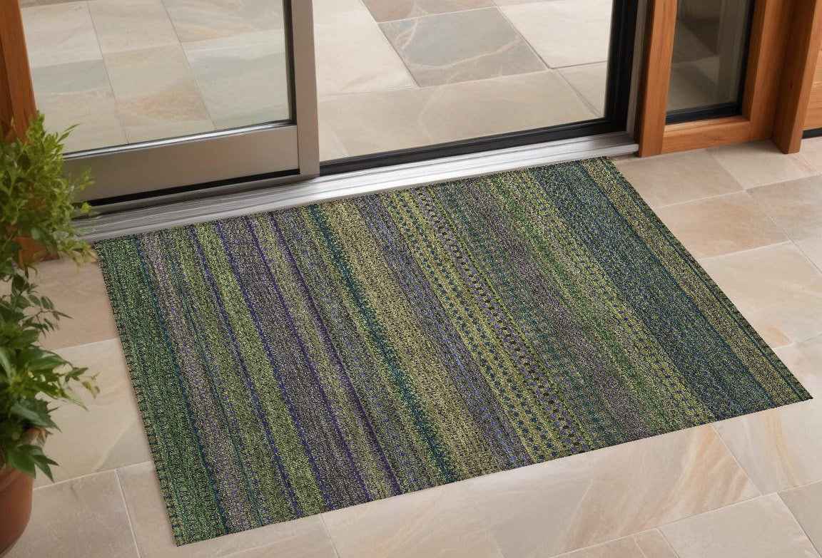 2' X 3' Olive Green Striped Washable Non Skid Indoor Outdoor Area Rug
