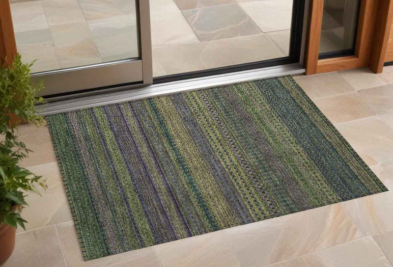 2' X 3' Olive Green Striped Washable Non Skid Indoor Outdoor Area Rug
