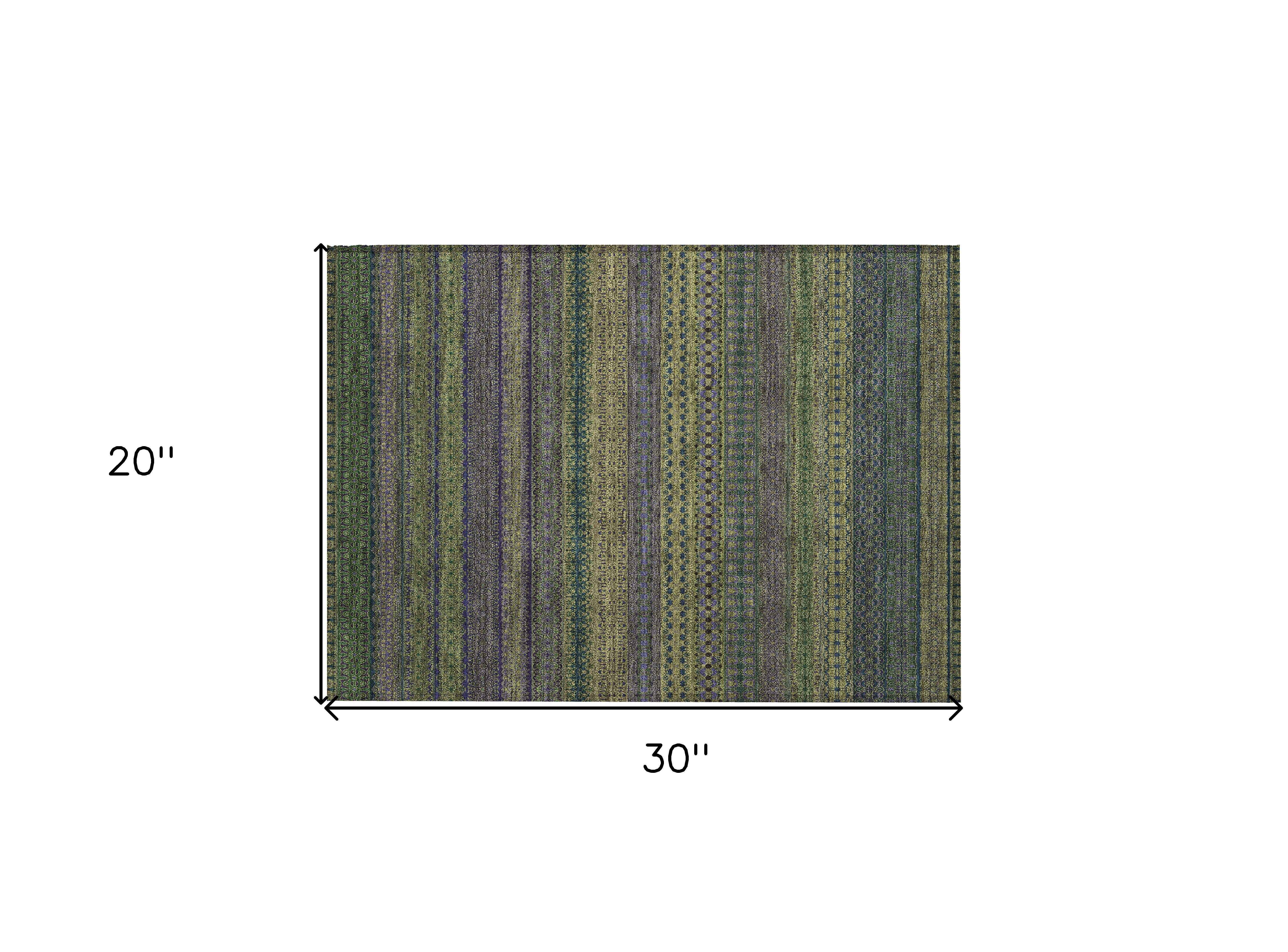 2' X 3' Olive Green Striped Washable Non Skid Indoor Outdoor Area Rug