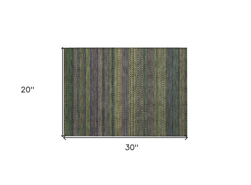 2' X 3' Olive Green Striped Washable Non Skid Indoor Outdoor Area Rug
