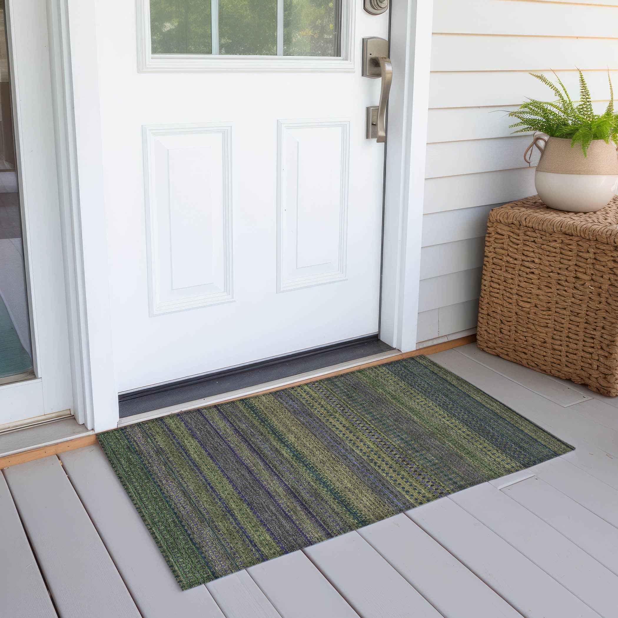 2' X 3' Olive Green Striped Washable Non Skid Indoor Outdoor Area Rug