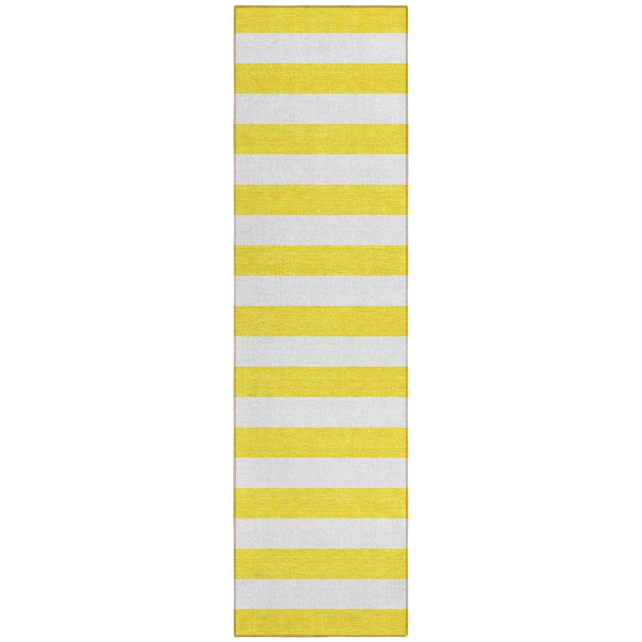 2' X 8' Yellow and White Striped Washable Indoor Outdoor Runner Rug