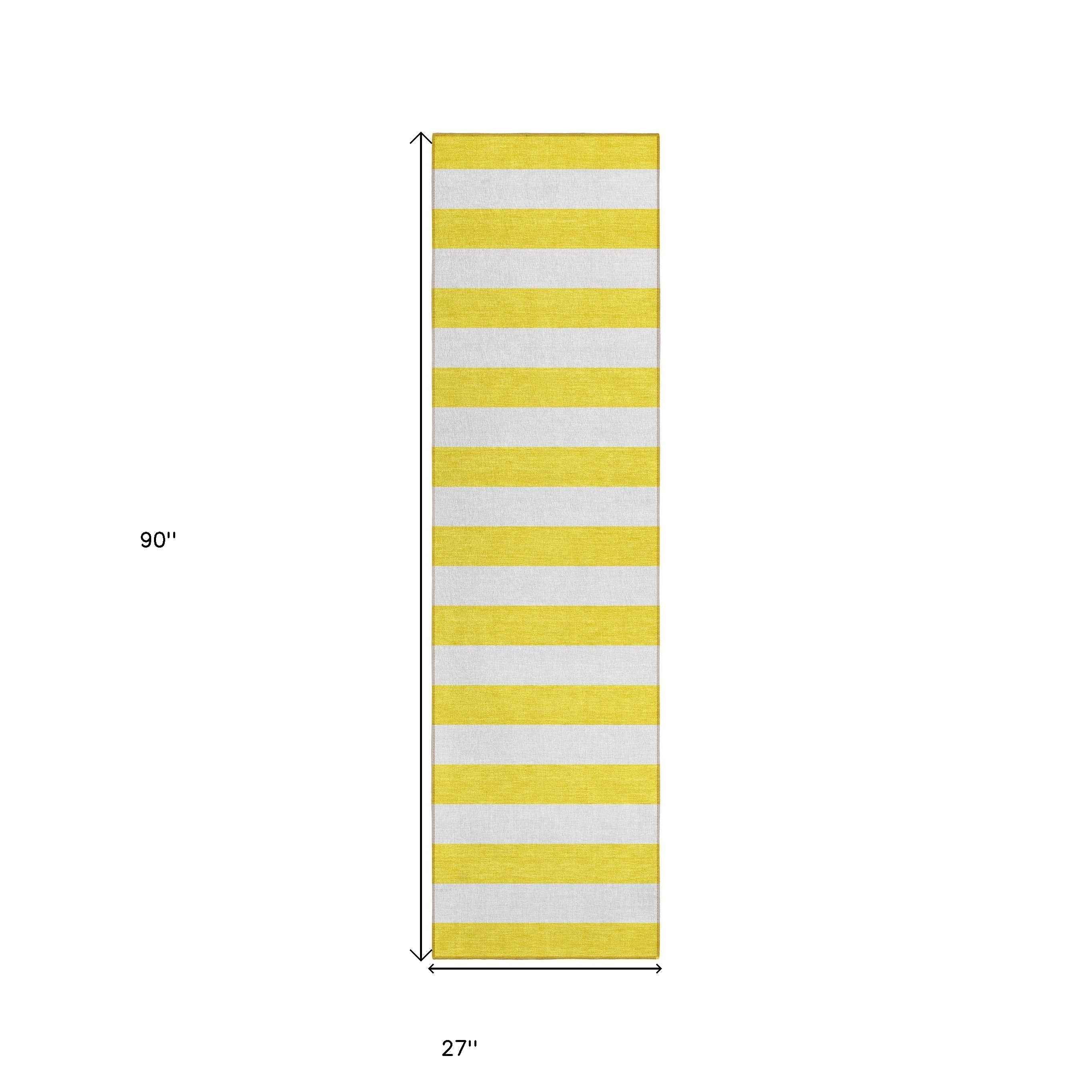 2' X 8' Yellow and White Striped Washable Indoor Outdoor Runner Rug