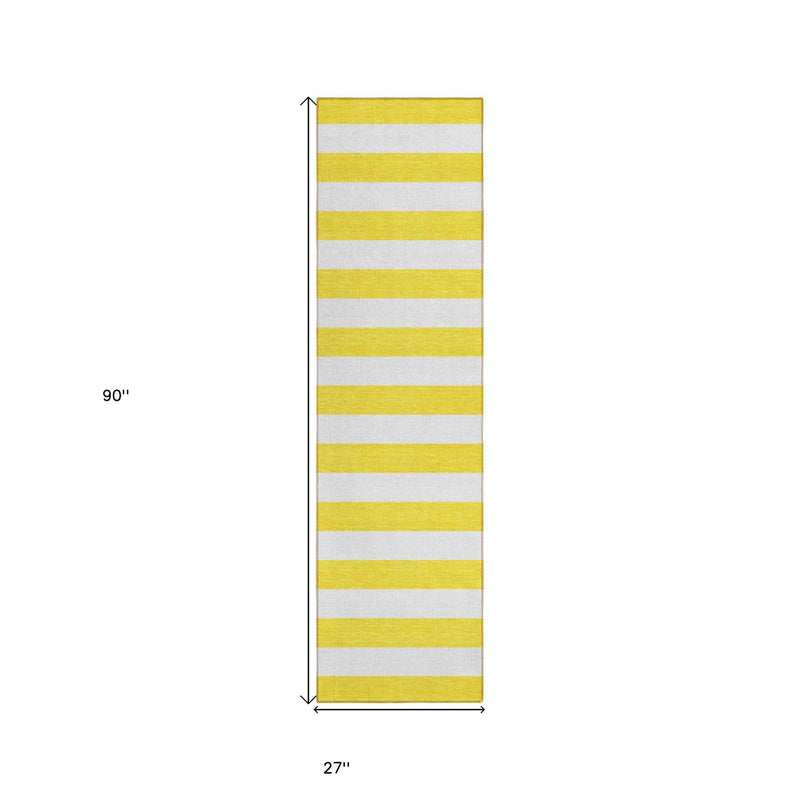 2' X 8' Yellow and White Striped Washable Indoor Outdoor Runner Rug