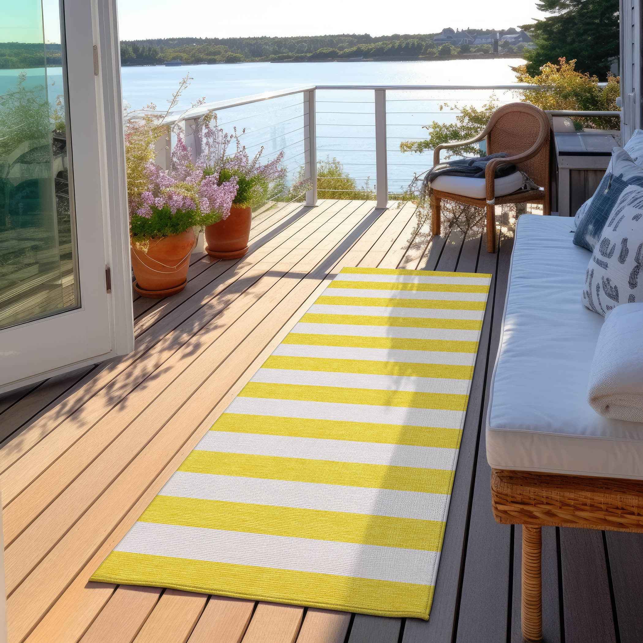 2' X 8' Yellow and White Striped Washable Indoor Outdoor Runner Rug