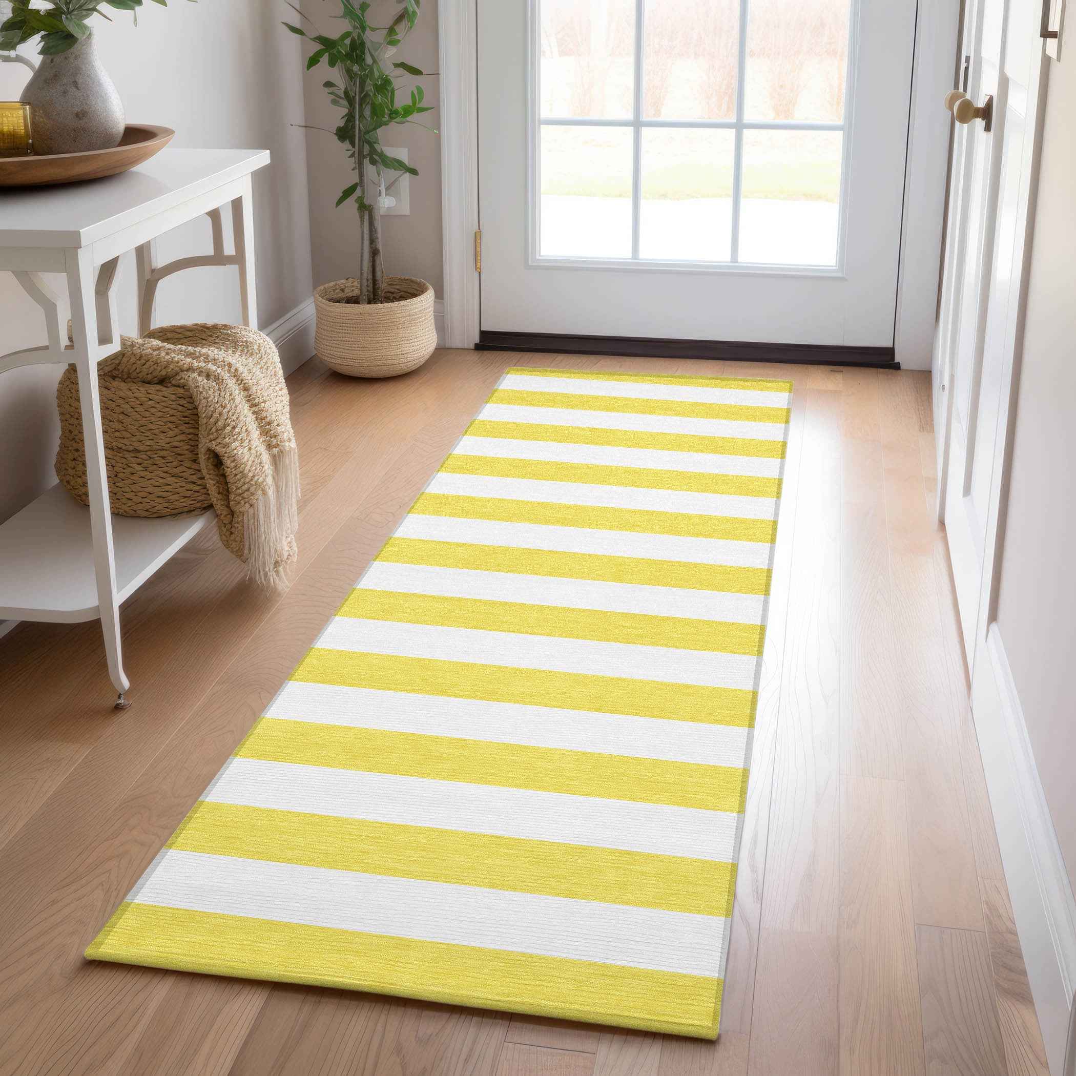 2' X 8' Yellow and White Striped Washable Indoor Outdoor Runner Rug
