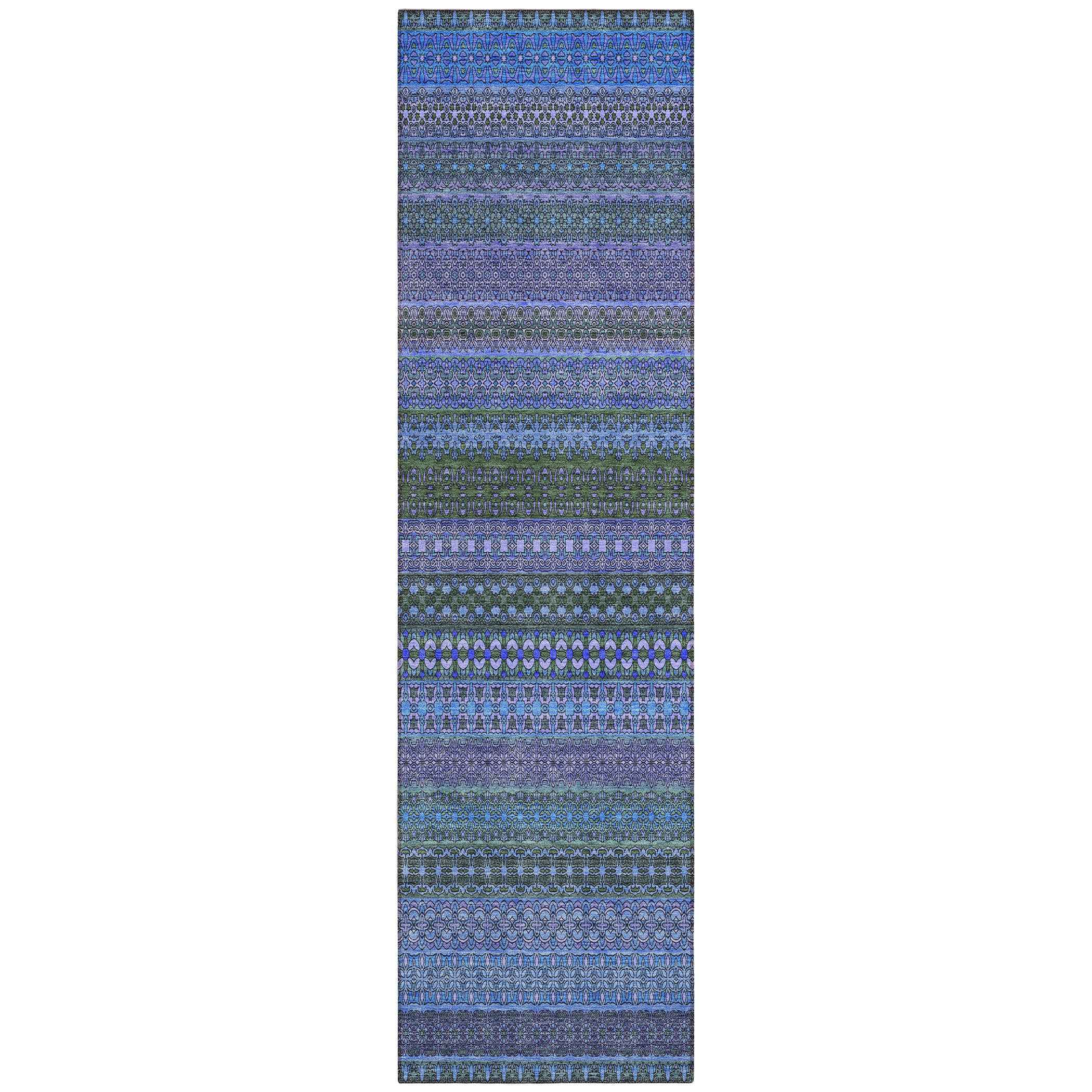 2' X 8' Blue and Green Striped Washable Indoor Outdoor Runner Rug