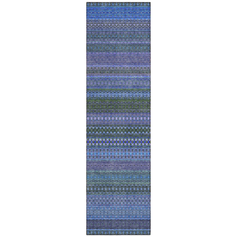 2' X 8' Blue and Green Striped Washable Indoor Outdoor Runner Rug
