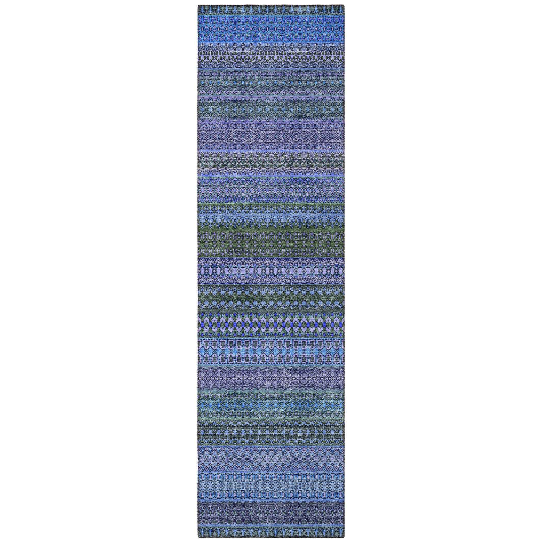2' X 8' Blue and Green Striped Washable Indoor Outdoor Runner Rug
