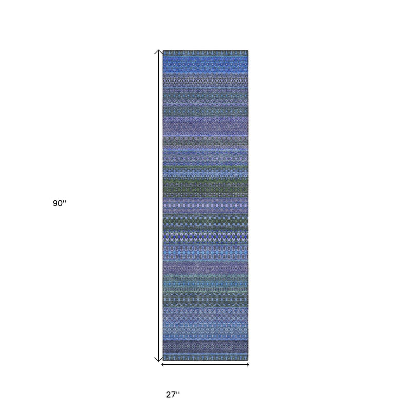 2' X 8' Blue and Green Striped Washable Indoor Outdoor Runner Rug