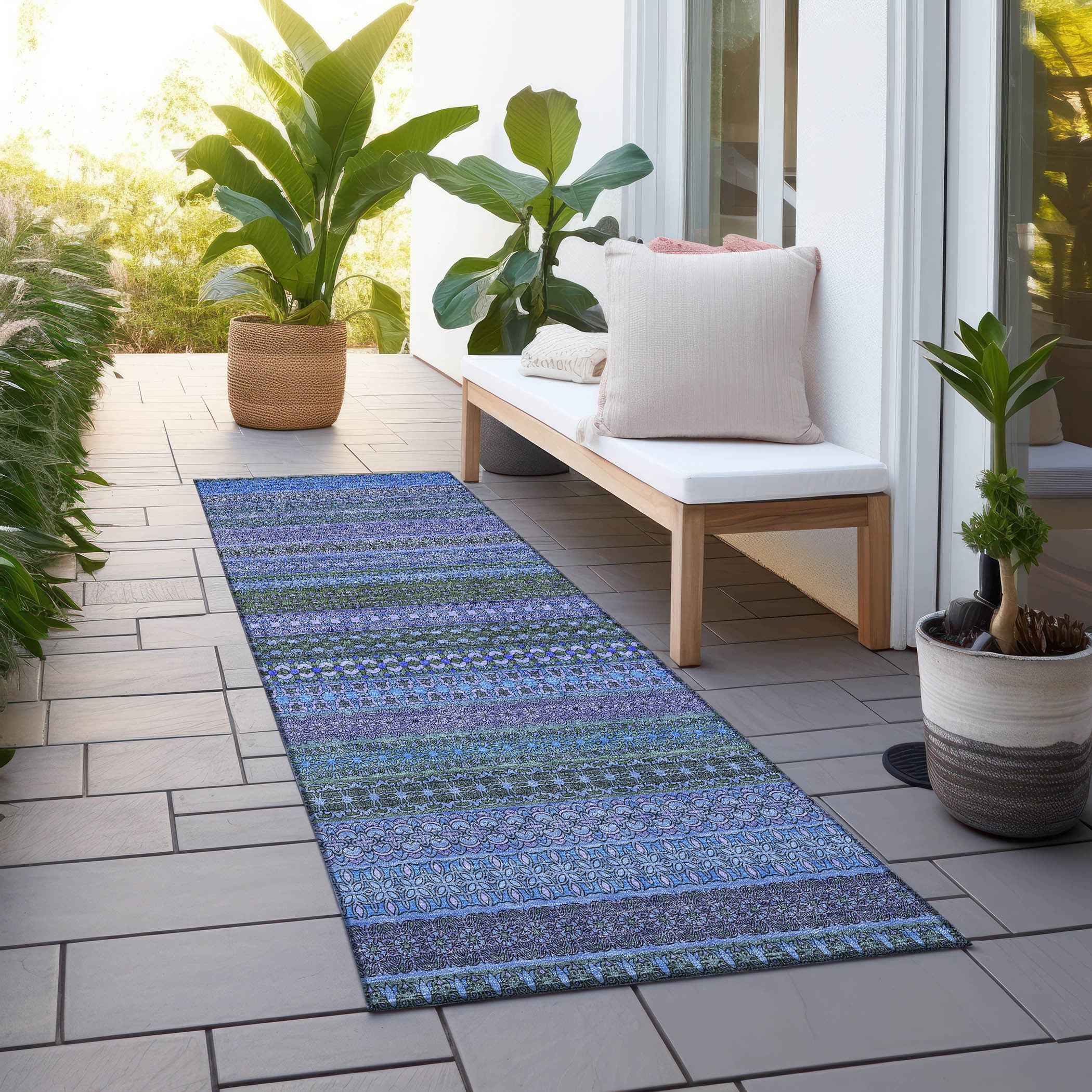 2' X 8' Blue and Green Striped Washable Indoor Outdoor Runner Rug