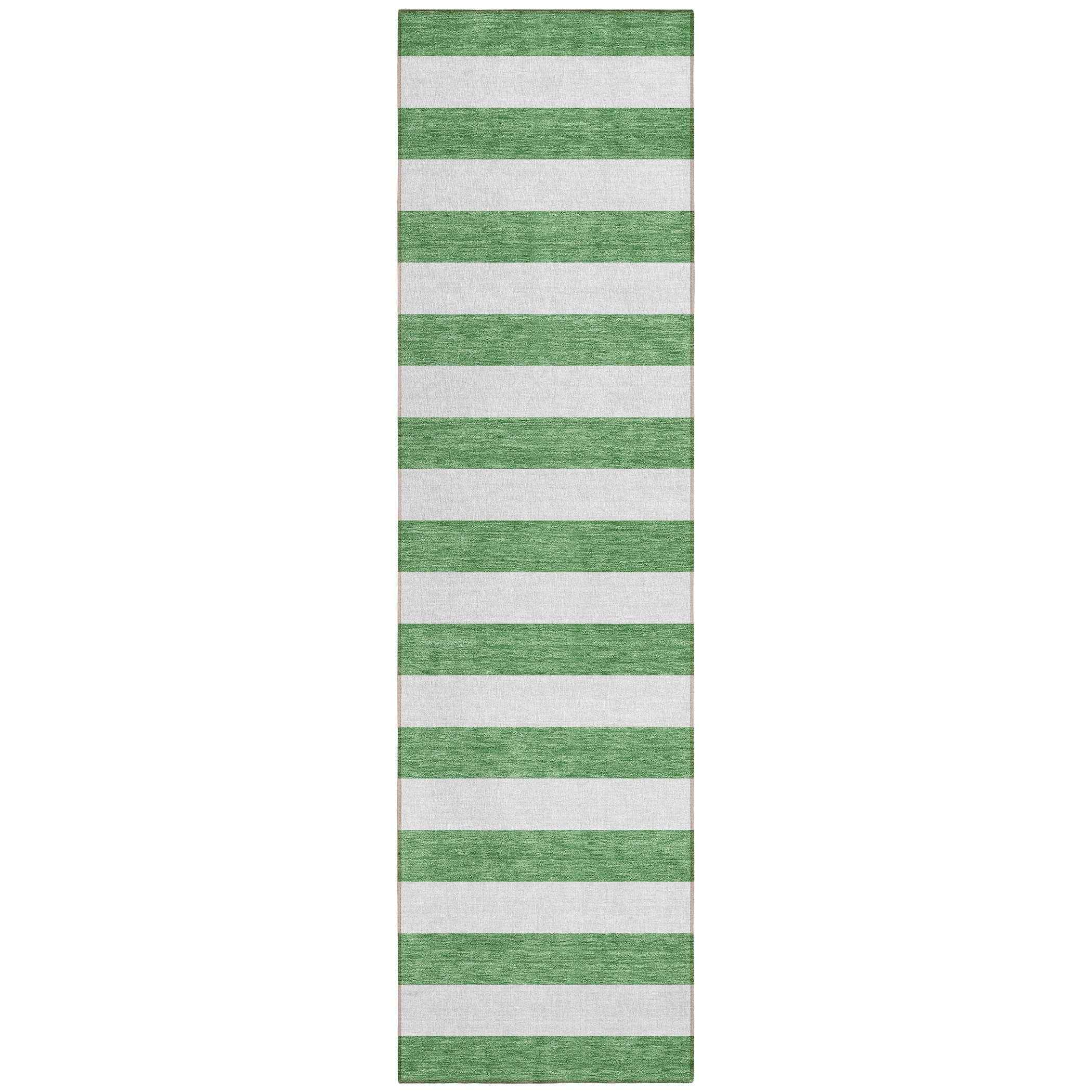 2' X 8' Green and White Striped Washable Indoor Outdoor Runner Rug