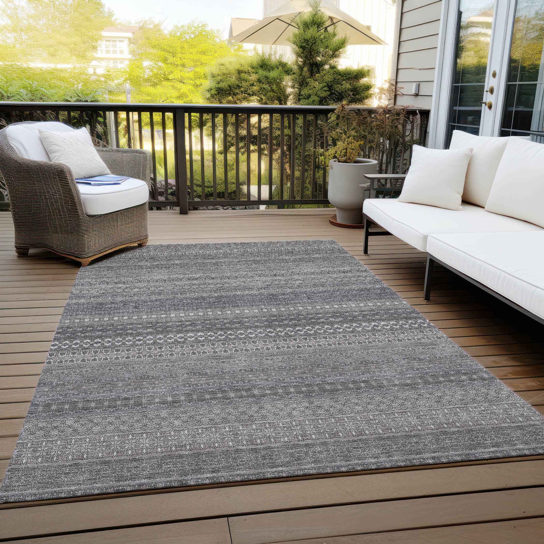 3' X 5' Gray Striped Washable Non Skid Indoor Outdoor Area Rug