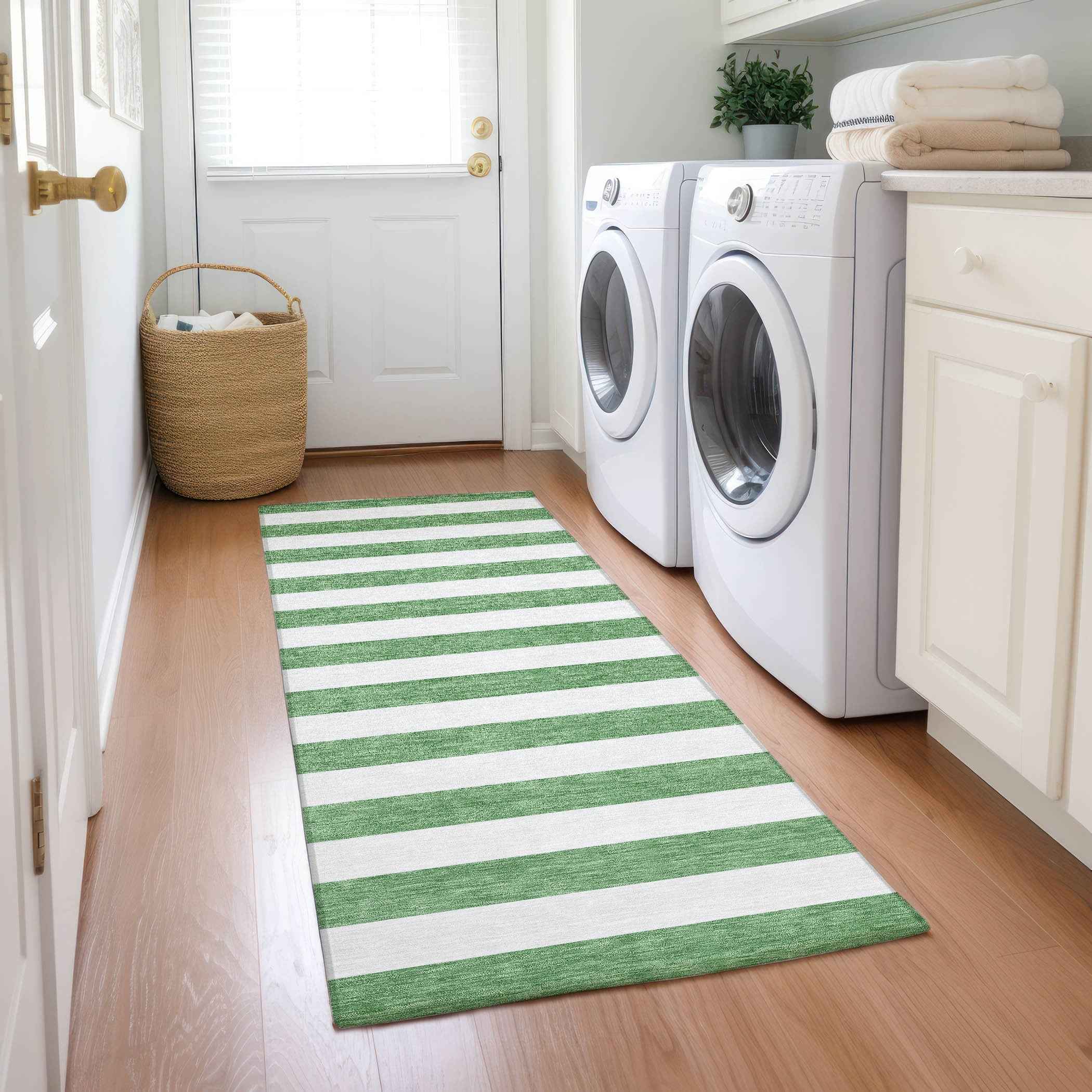 2' X 8' Green and White Striped Washable Indoor Outdoor Runner Rug