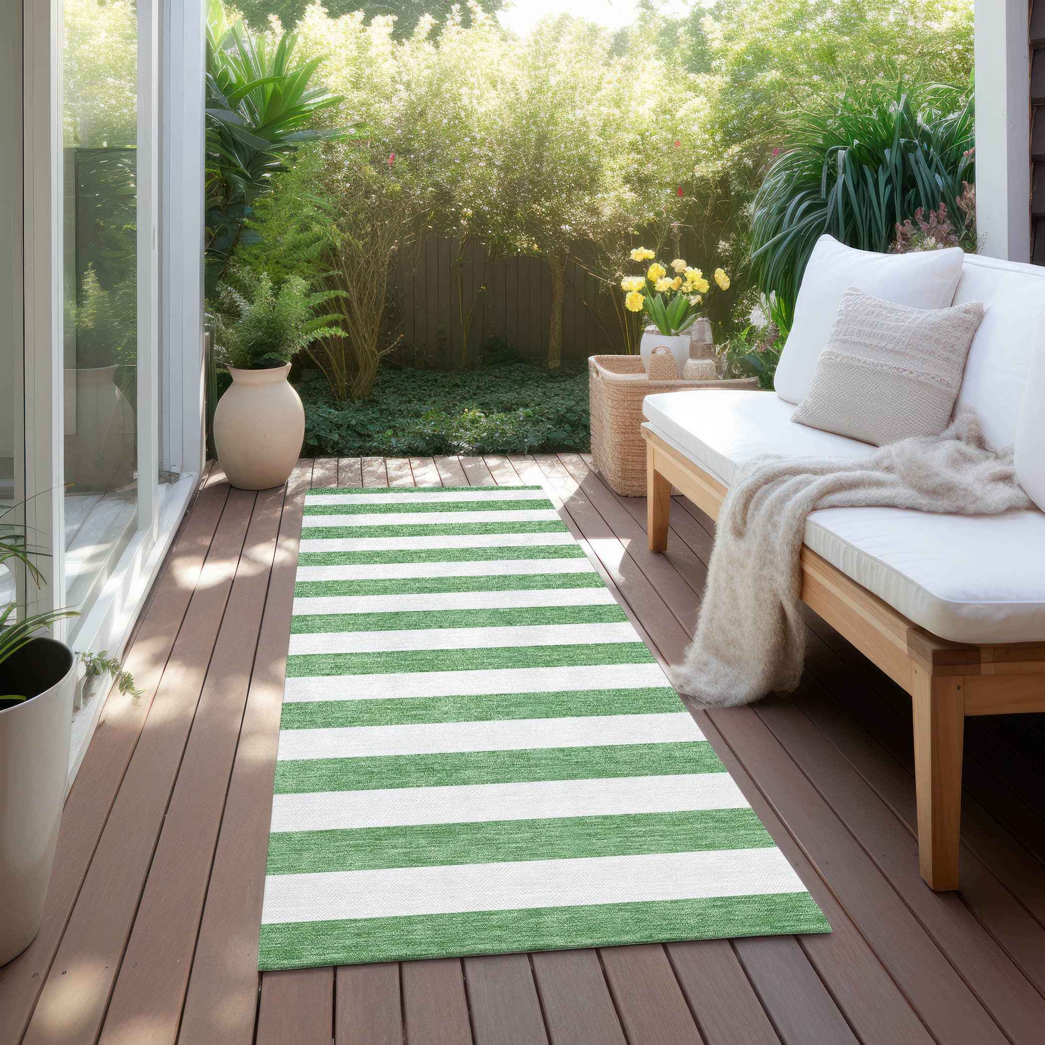 2' X 8' Green and White Striped Washable Indoor Outdoor Runner Rug