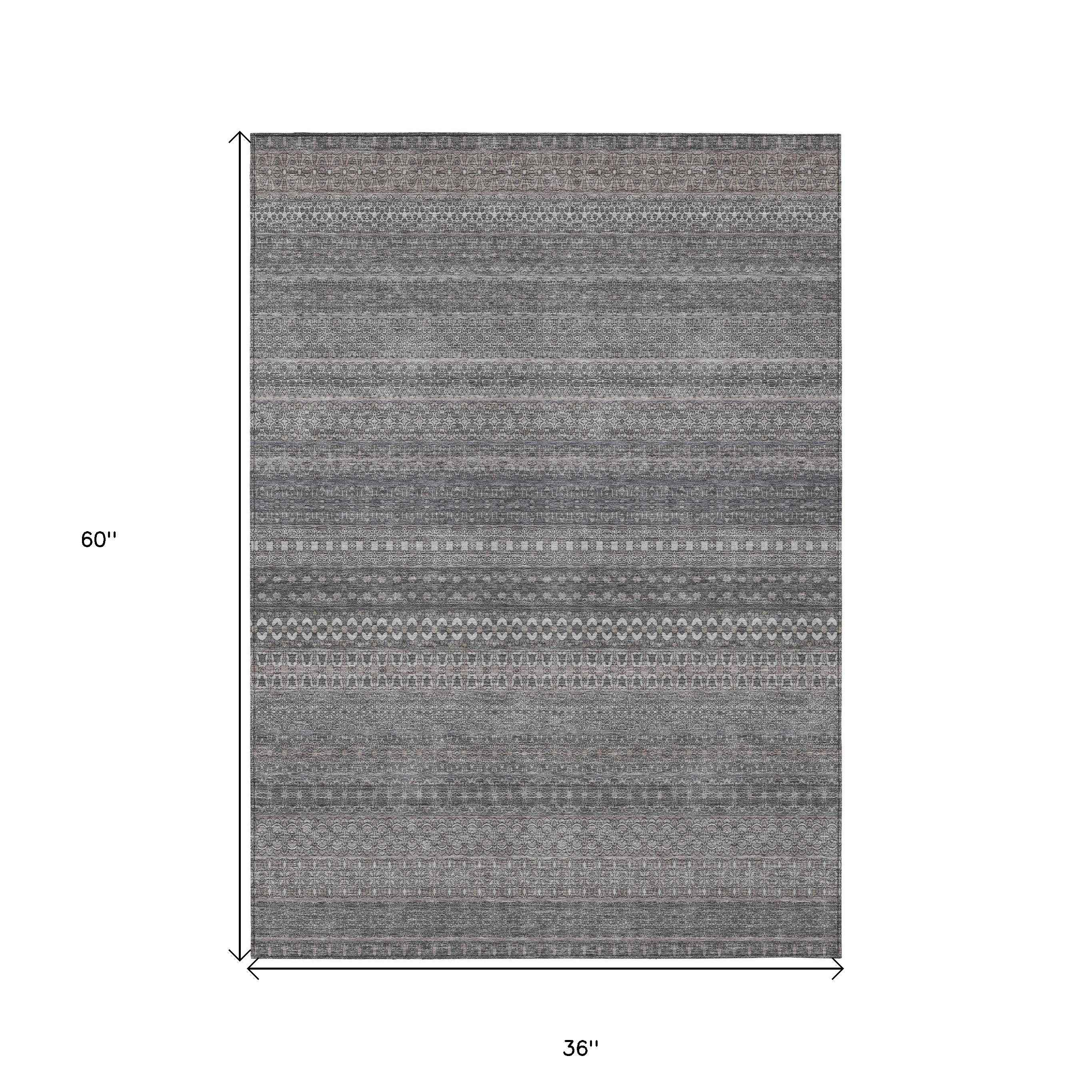 3' X 5' Gray Striped Washable Non Skid Indoor Outdoor Area Rug