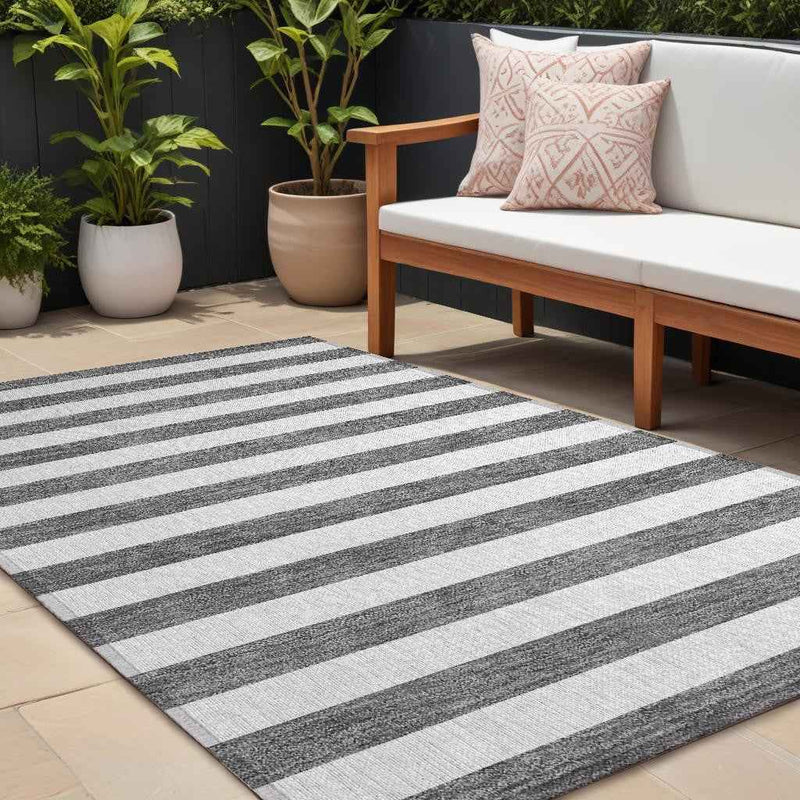8' X 10' Charcoal Striped Washable Non Skid Indoor Outdoor Area Rug