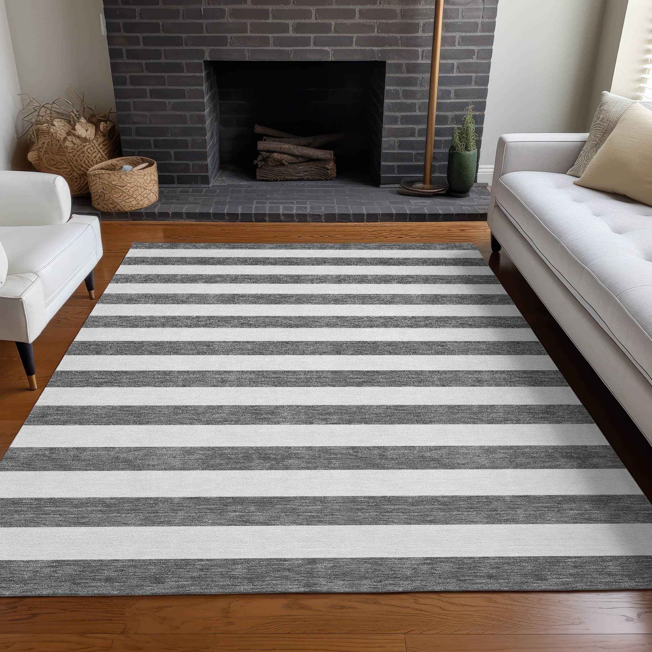 8' X 10' Charcoal Striped Washable Non Skid Indoor Outdoor Area Rug
