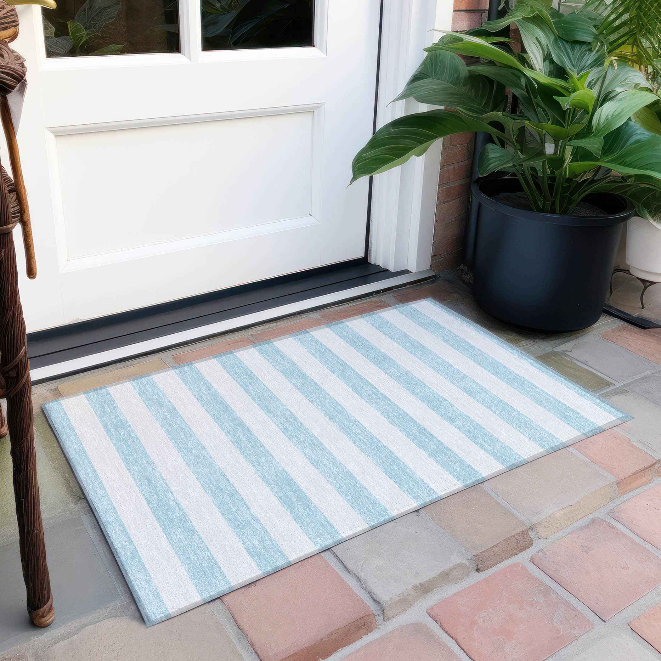 2' X 3' Sky Blue Striped Washable Non Skid Indoor Outdoor Area Rug