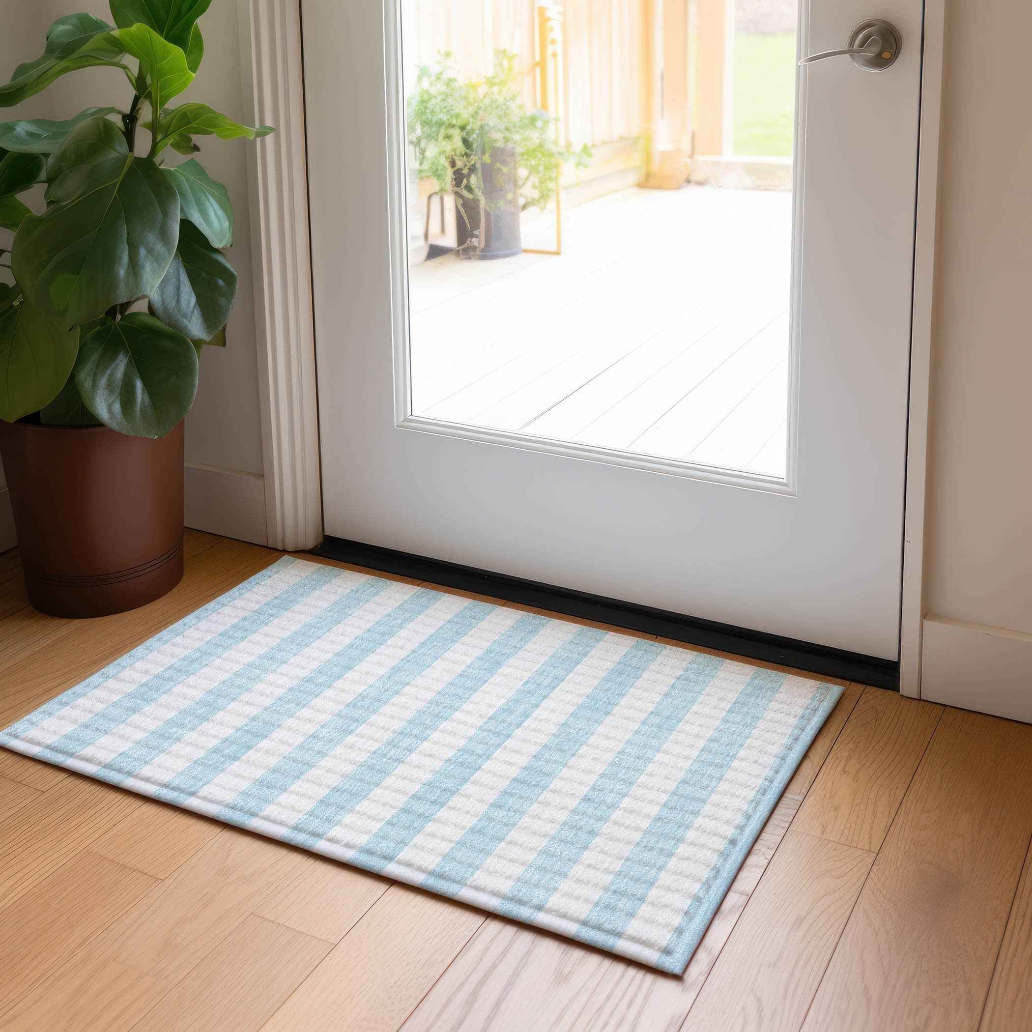 2' X 3' Sky Blue Striped Washable Non Skid Indoor Outdoor Area Rug