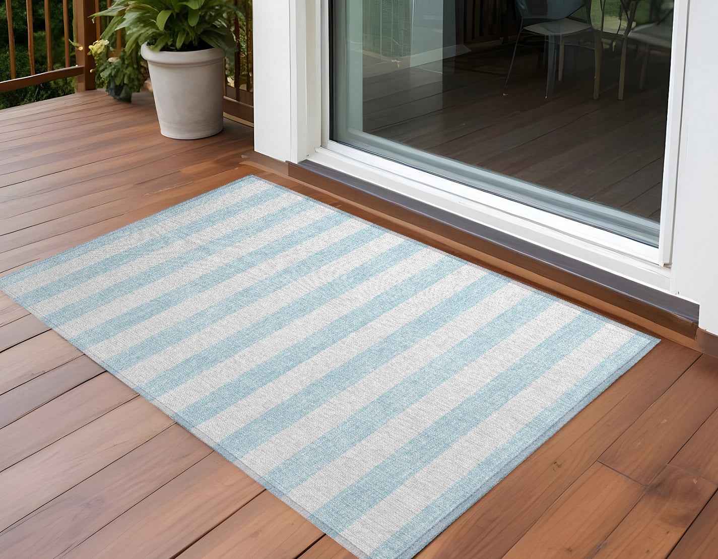 2' X 3' Sky Blue Striped Washable Non Skid Indoor Outdoor Area Rug