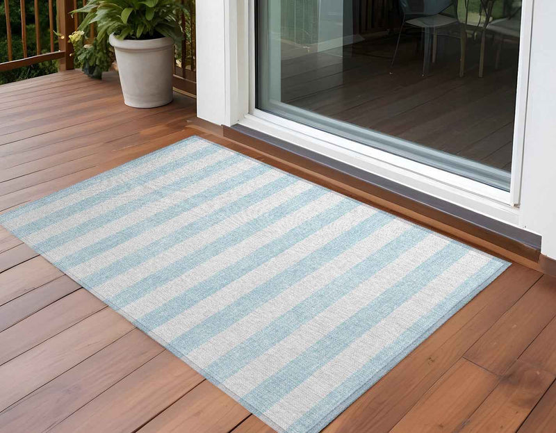 2' X 3' Sky Blue Striped Washable Non Skid Indoor Outdoor Area Rug