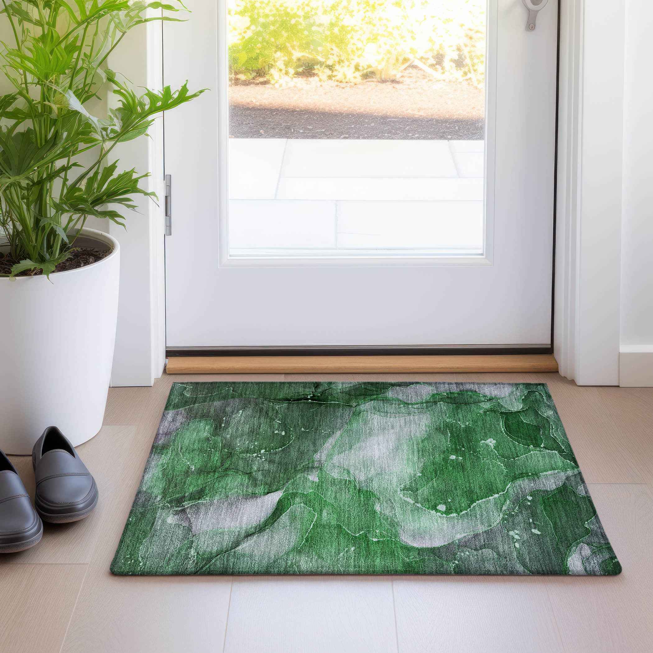 2' X 3' Emerald Abstract Washable Non Skid Indoor Outdoor Area Rug