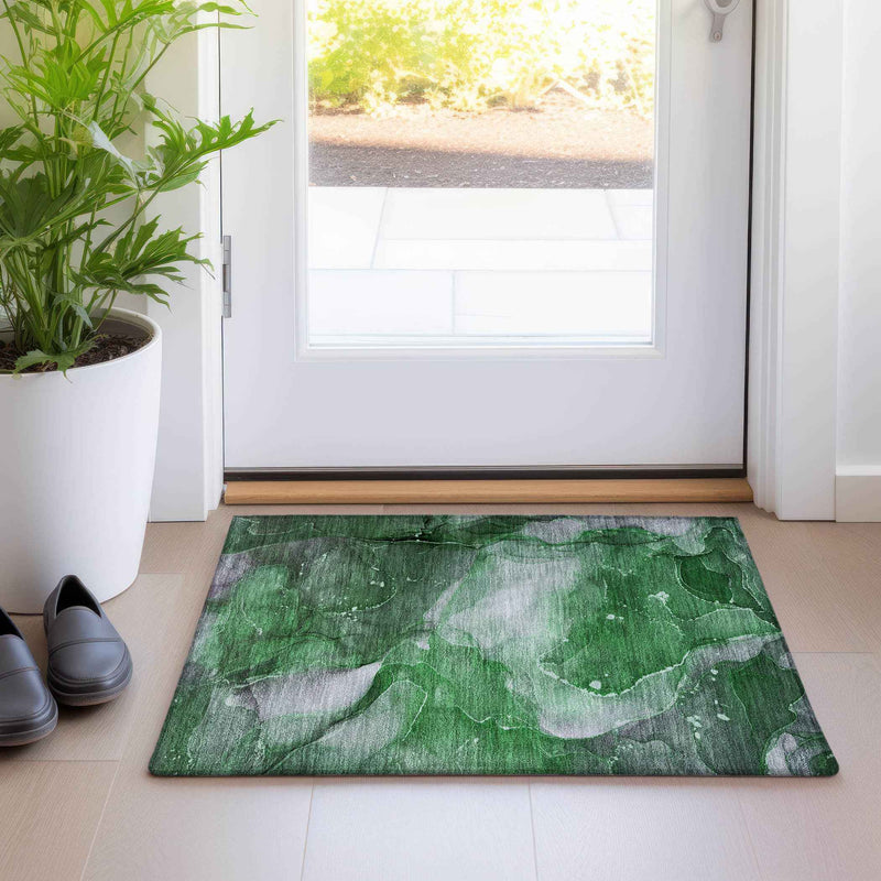 2' X 3' Emerald Abstract Washable Non Skid Indoor Outdoor Area Rug