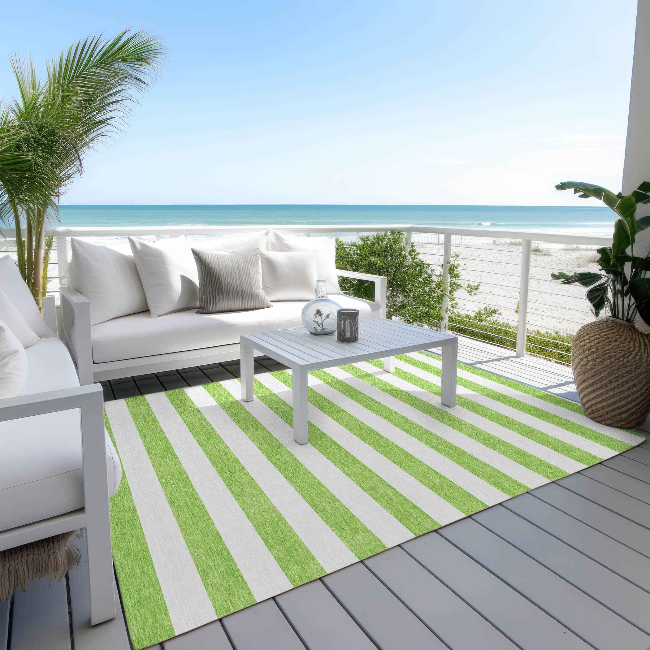 9' X 12' Green and White Striped Washable Non Skid Indoor Outdoor Area Rug
