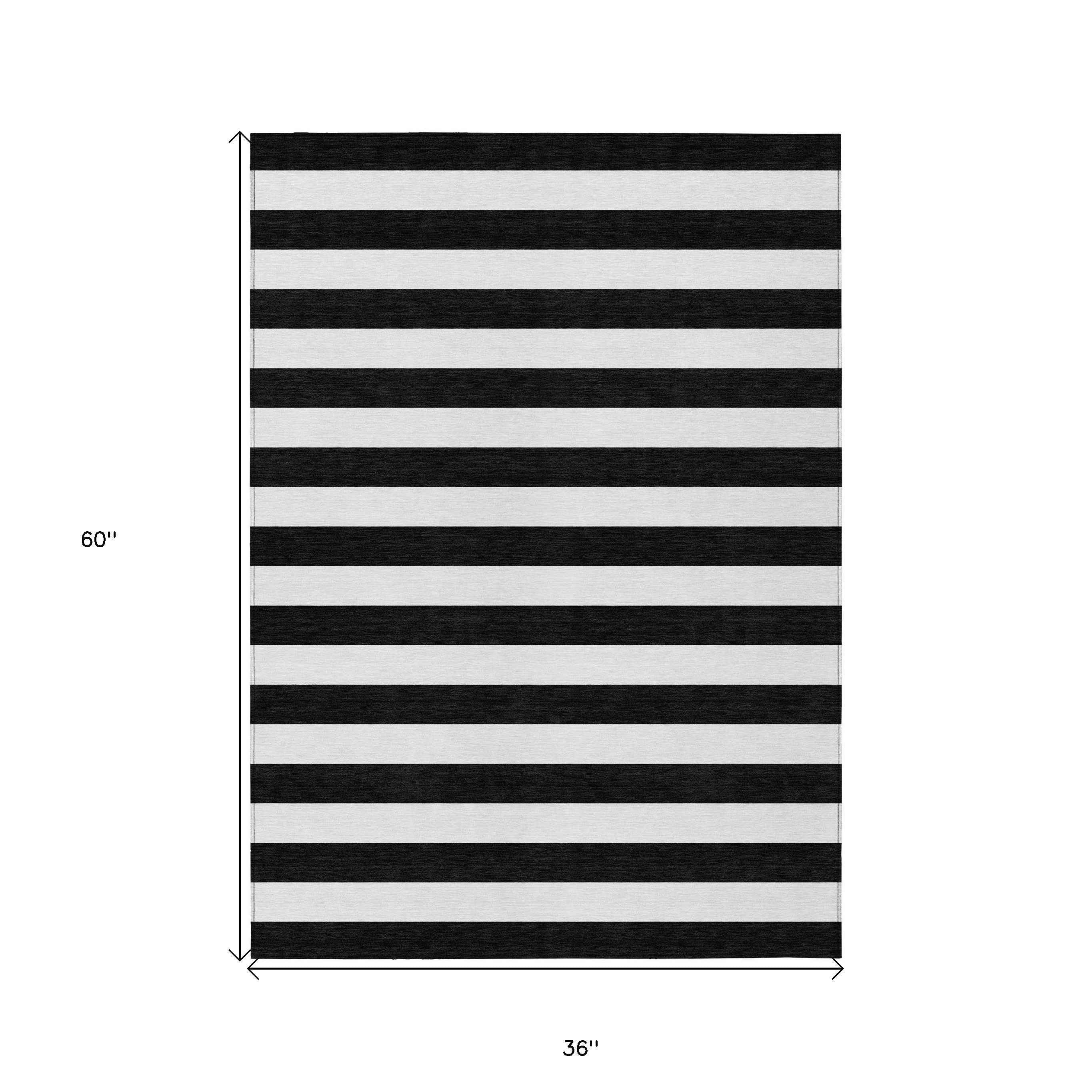 3' X 5' Black and White Striped Washable Non Skid Indoor Outdoor Area Rug