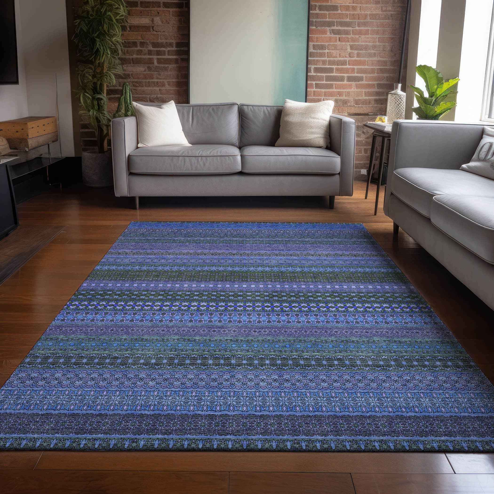 10' X 14' Blue and Green Striped Washable Non Skid Indoor Outdoor Area Rug