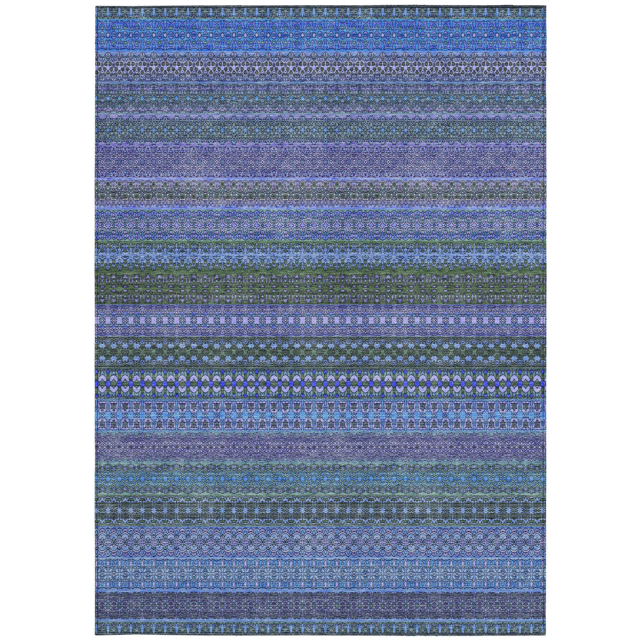10' X 14' Blue and Green Striped Washable Non Skid Indoor Outdoor Area Rug