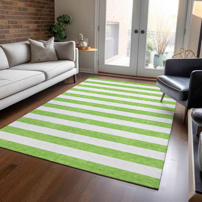 3' X 5' Lime Green and White Striped Washable Indoor Outdoor Area Rug