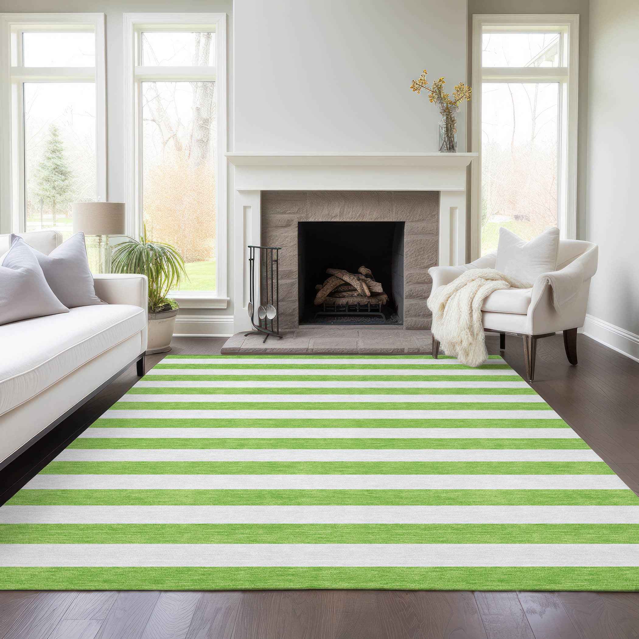 3' X 5' Lime Green and White Striped Washable Indoor Outdoor Area Rug