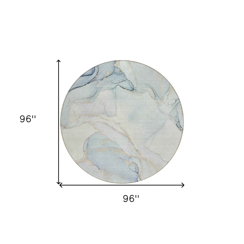 8' Round Beige and Blue Round Abstract Washable Non Skid Indoor Outdoor Area Rug